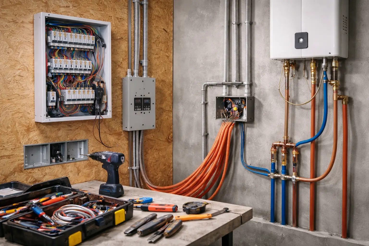 Mechanical, electrical, and plumbing installations showing electrical panels, wiring, water heater, and pipework by Jalasaba Engineering & Construction.
