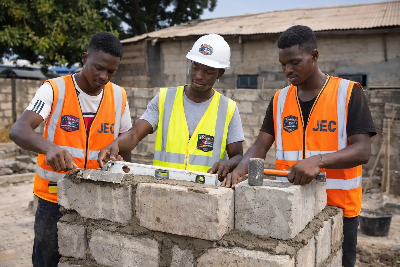 African construction workers from Jalasaba Engineering & Construction carrying out blockwork and masonry on a building site.