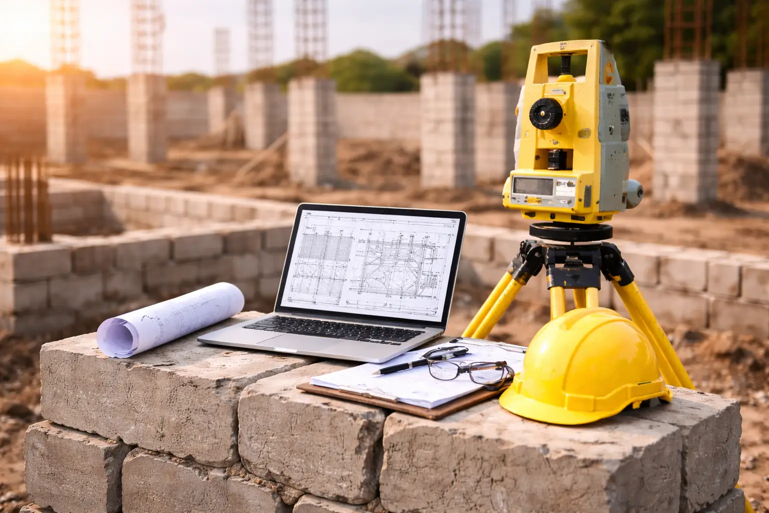 Engineering and technical services equipment including total station, architectural drawings, and site planning tools at a construction site by Jalasaba Engineering & Construction.